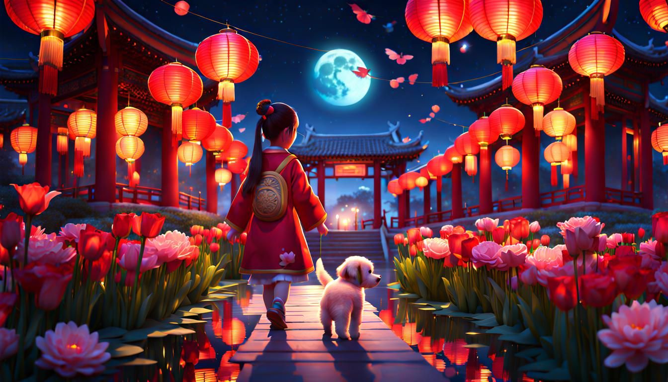 Chinese Girl at Lantern Festival in Detailed Matte Painting