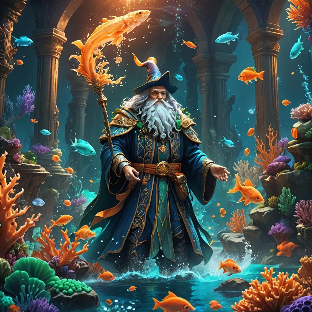 Underwater Wizard Casting Magic: Fantasy Concept Art