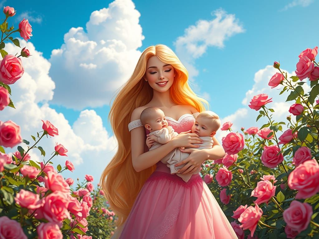 Disney Princess Aurora with Twin Babies in Vibrant Garden