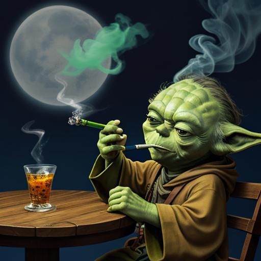 Yoda  smoking  a hookah puffing