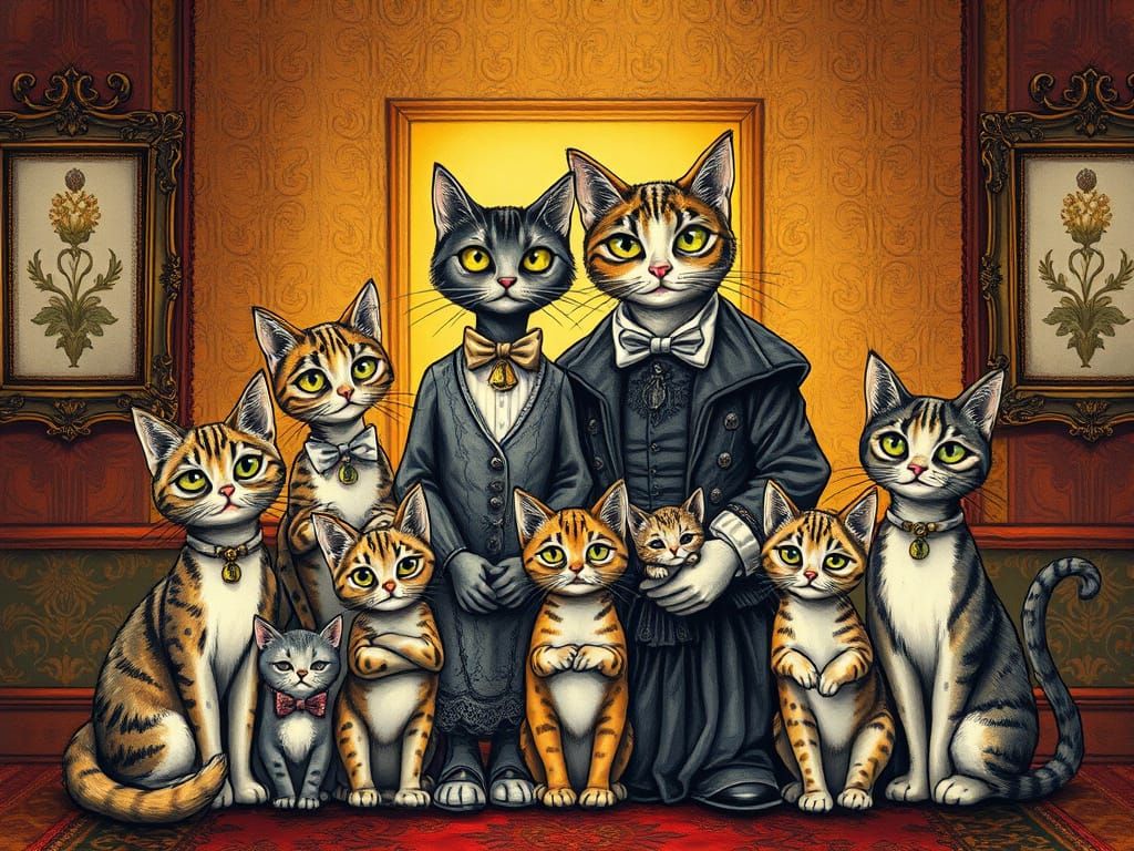 Victorian Cat Family Portrait in Whimsical Illustration Styl...