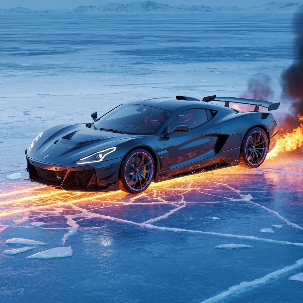 Cyberpunk Supercar Speeds Across Frozen Flames
