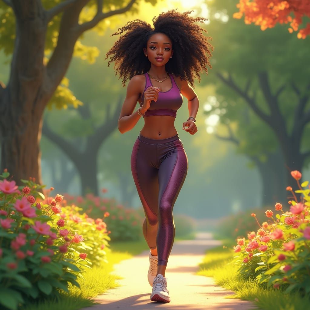 Athletic Black Woman with Vibrant Hair in Serene Park Landsc...