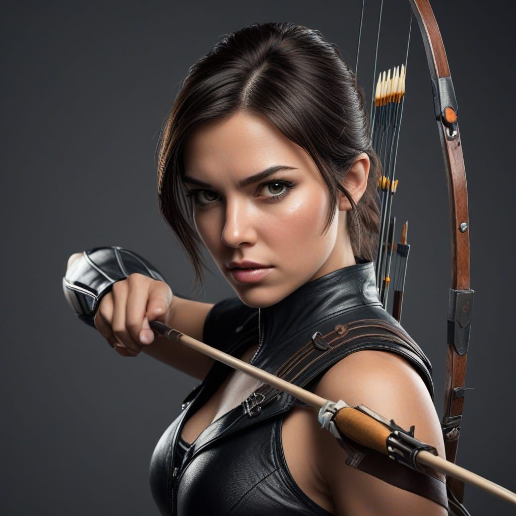 Athletic Woman in Black Leather Jumpsuit, Holding Bow and Ar...