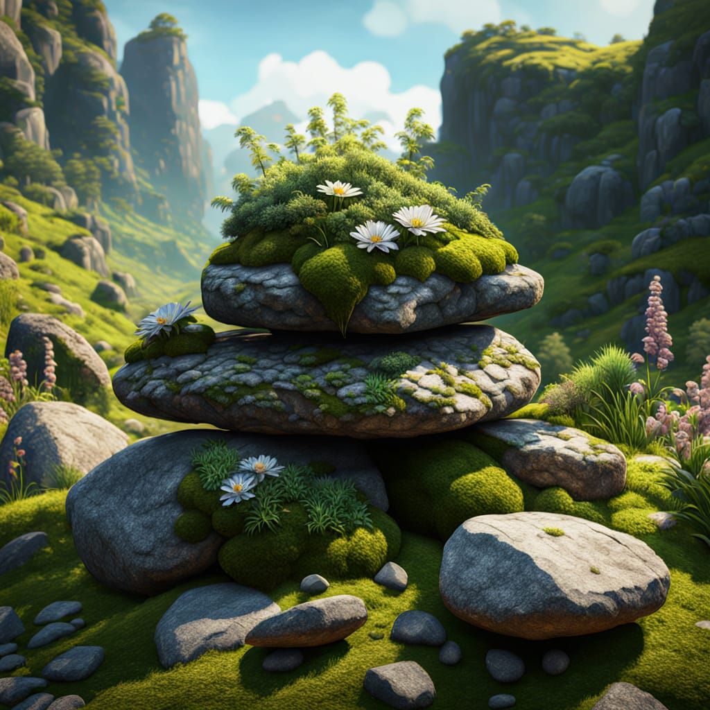 Moss Giant with Flower Valley in Impasto Style