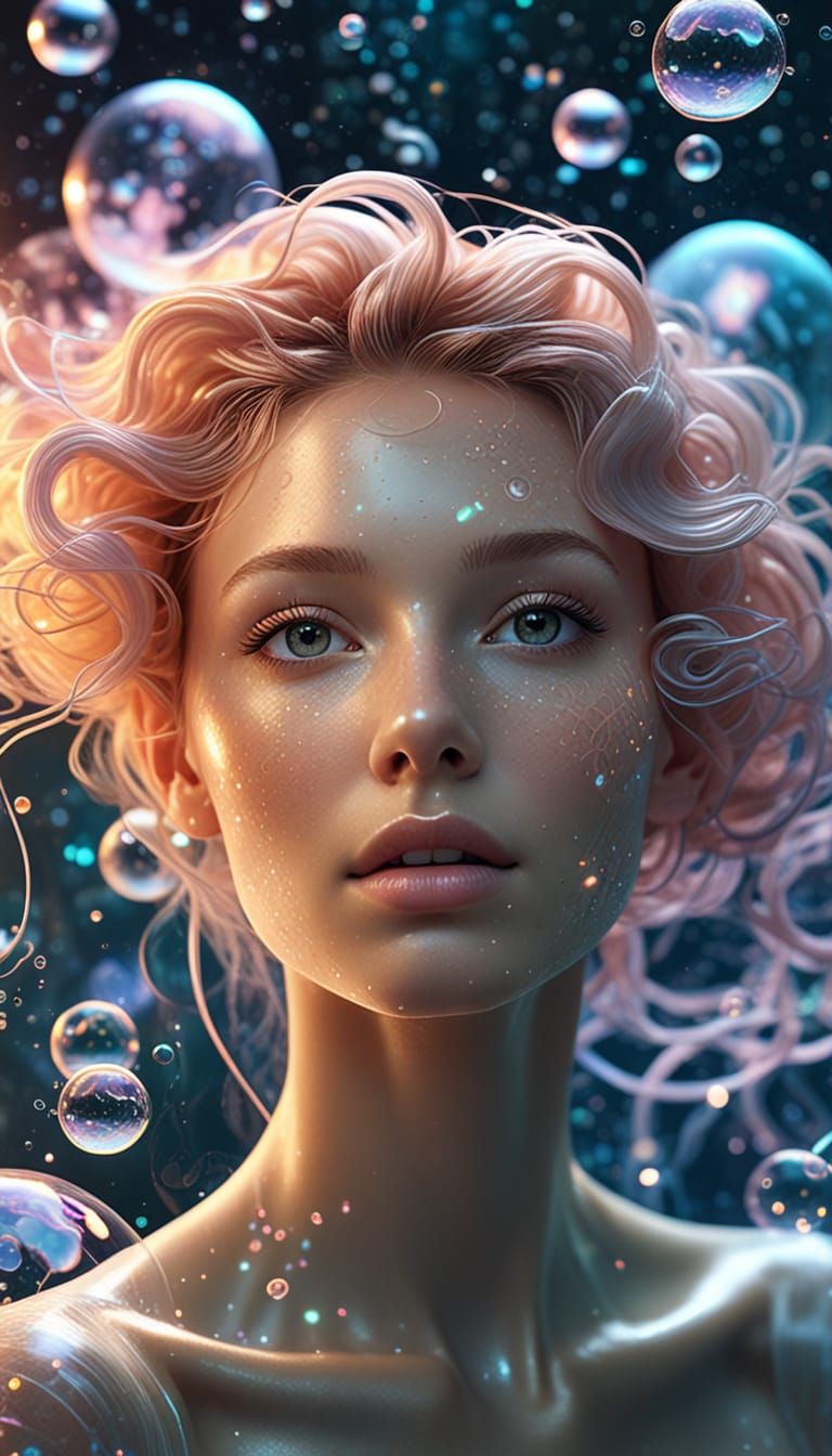 Ethereal Woman in a Solarpunk Bubble Galaxy