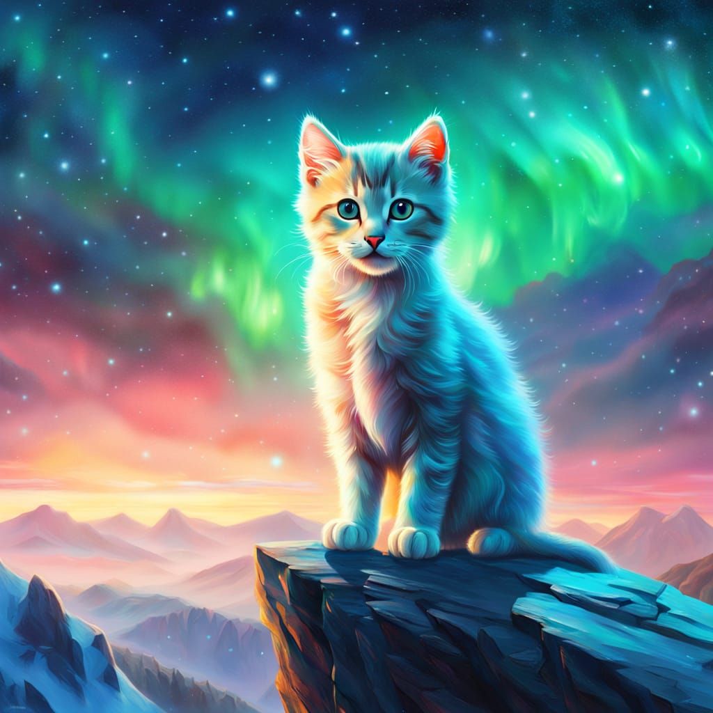 Ethereal Alpine Kitten Amidst Shifting Auroras