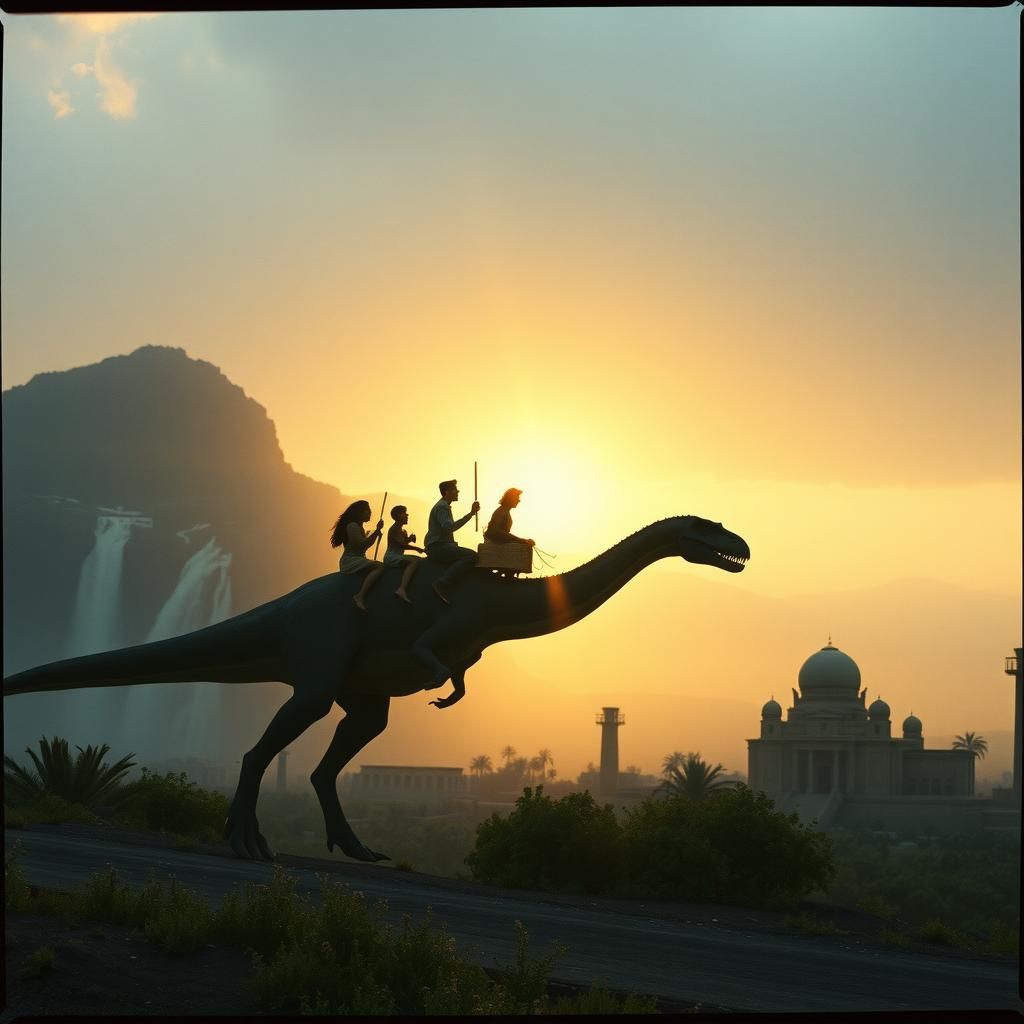 Diplodocus Riders in Ancient City: Cinematic Film Still