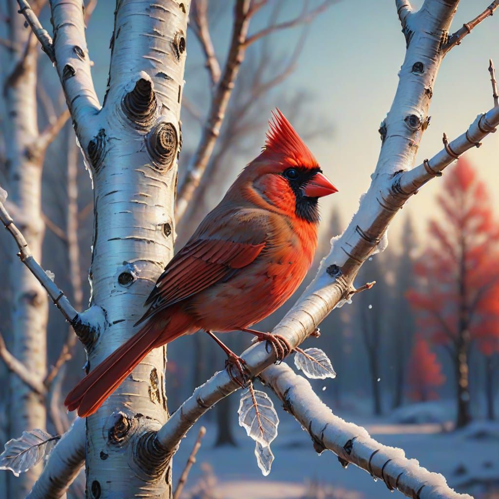 Whimsical Winter Wonderland with Red Cardinal Perched on Fro...