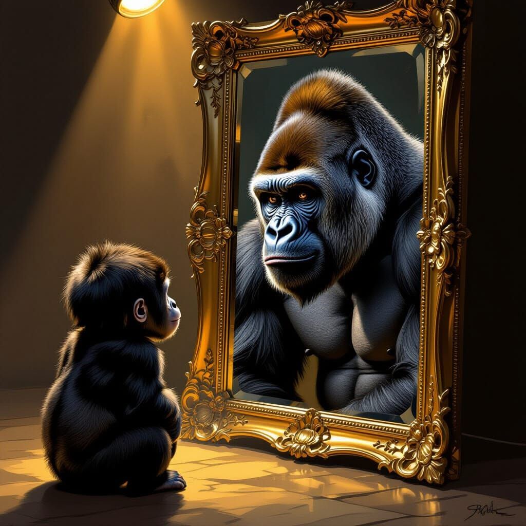 Baby Gorilla's Reflection Becomes Powerful Adult