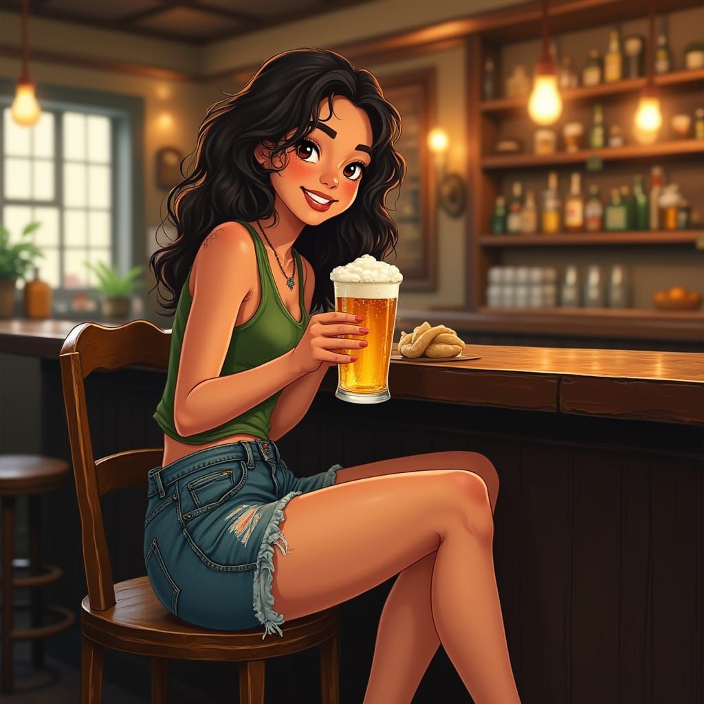 Young Woman Enjoys Beer in a Cozy Irish Pub Scene