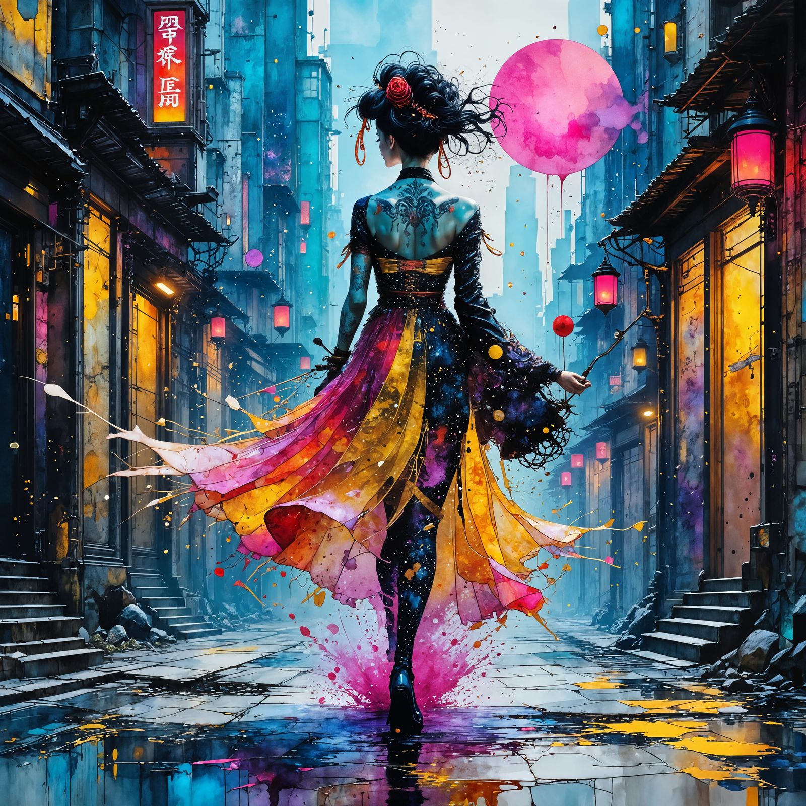 Cyberpunk Geisha Dancing in Dystopian City