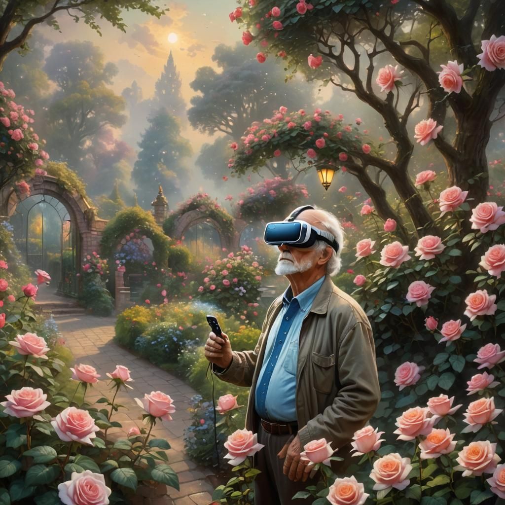 Elderly Man's VR Rose Garden, Ethereal Fantasy