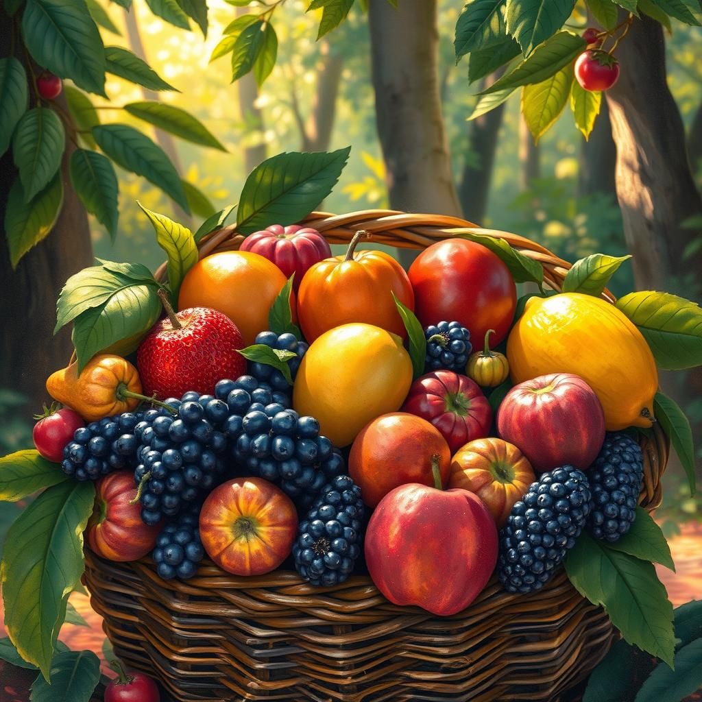 Exotic Fruits in Lush Forest: Naive Impressionism
