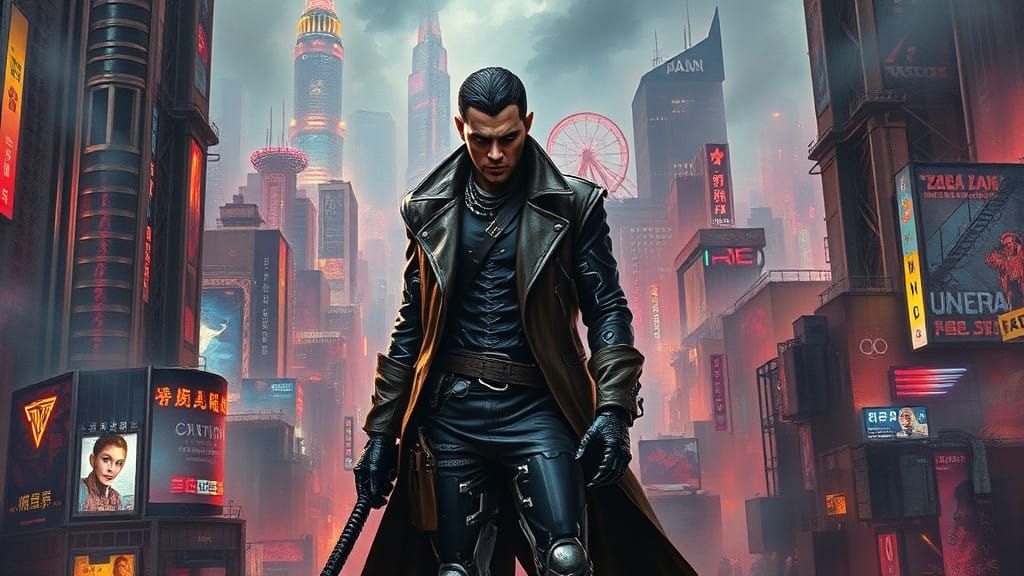 Cybernetic Vampire Hunter in Neon-Drenched Metropolis
