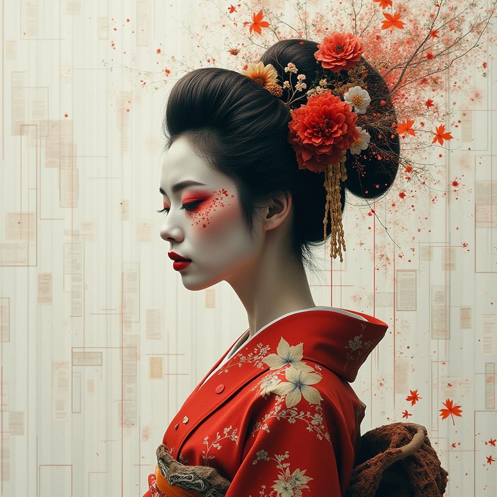 Futuristic Geisha with Seasonal Scenes in Double Exposure
