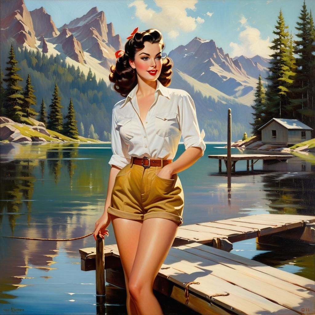 Impressionistic Pin-Up Girl on Mountain Lake Dock