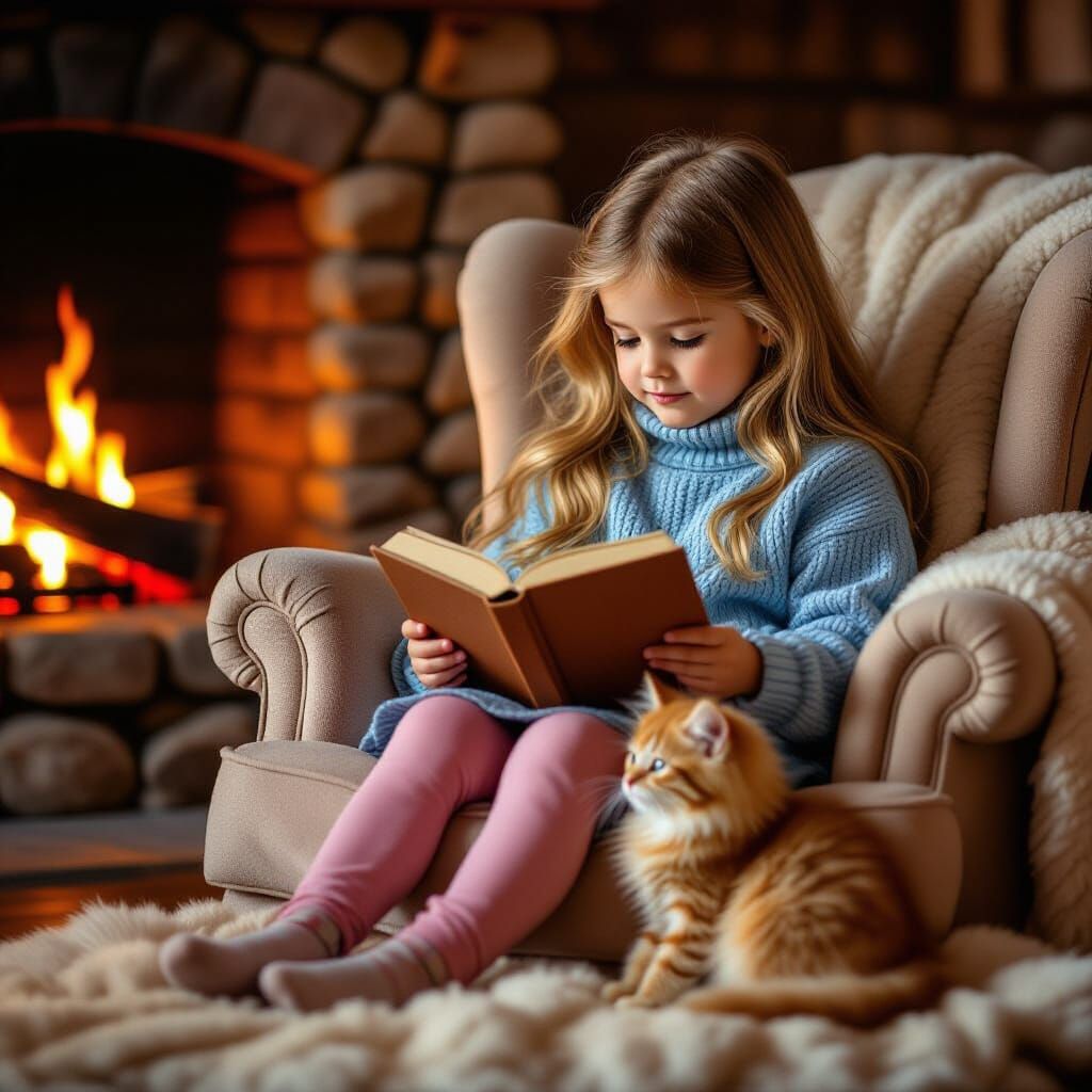 Girl Reading in Cozy Armchair with Fireplace and Kitten