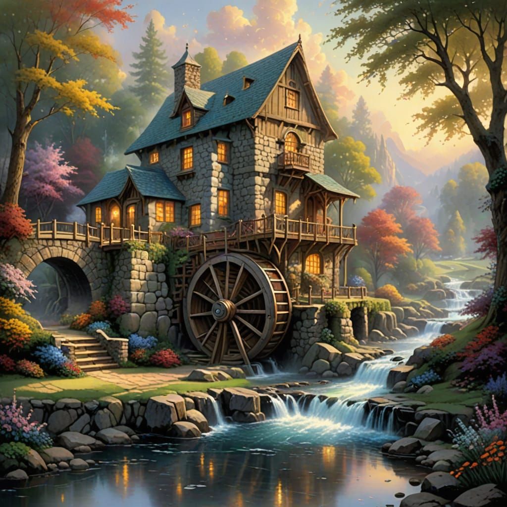 Ethereal Waterwheel in Whimsical Fantasy Landscape