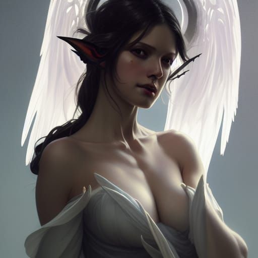 Detailed Angel Portrait with Black Wings and Halo