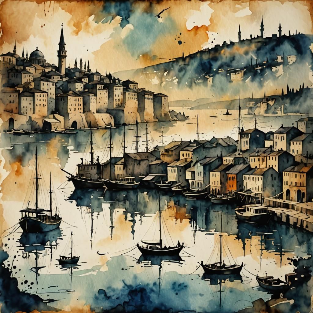 Bosphorus River Boats in Watercolor Painting Style