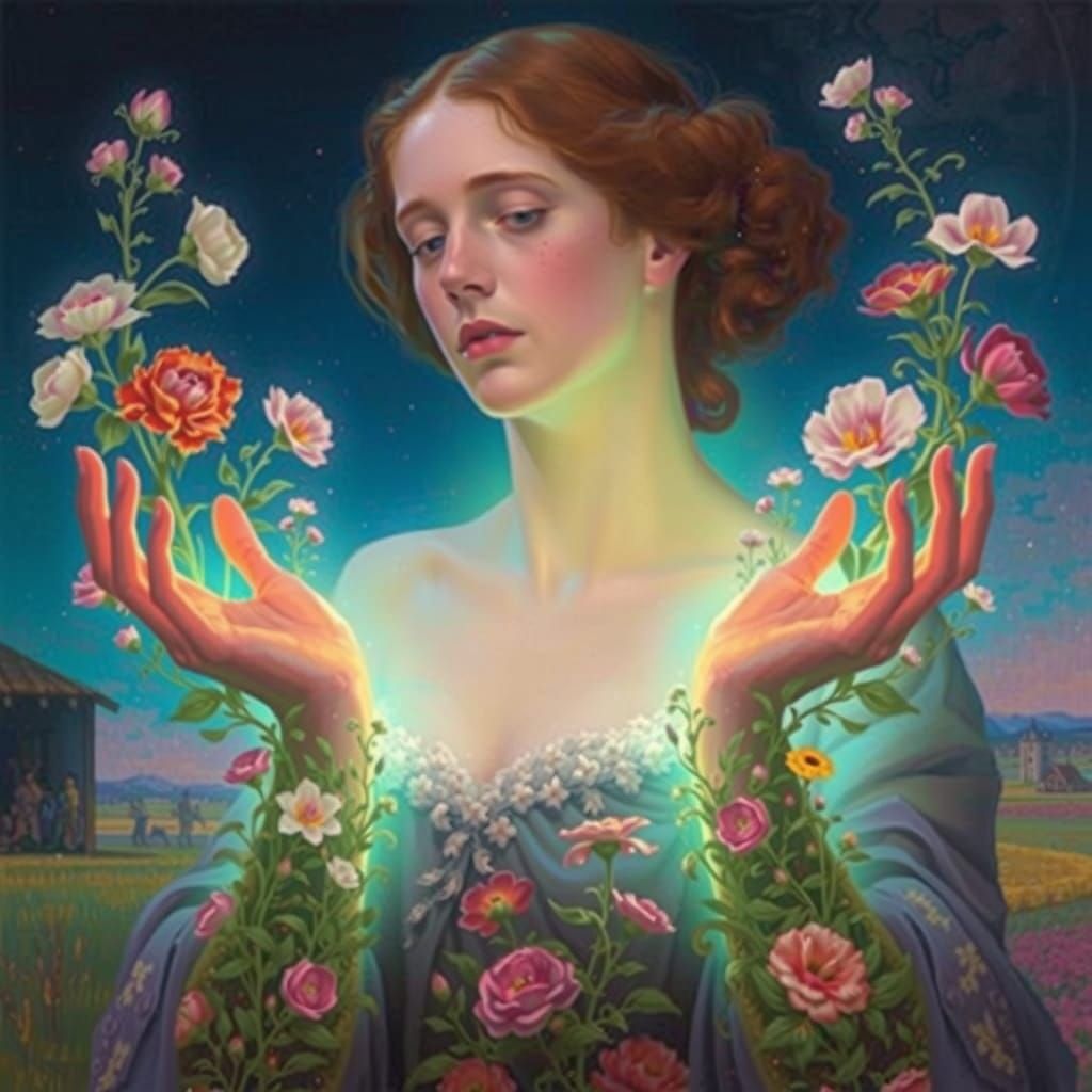 Glowing Woman with Flowers, Surrealist Masterpiece