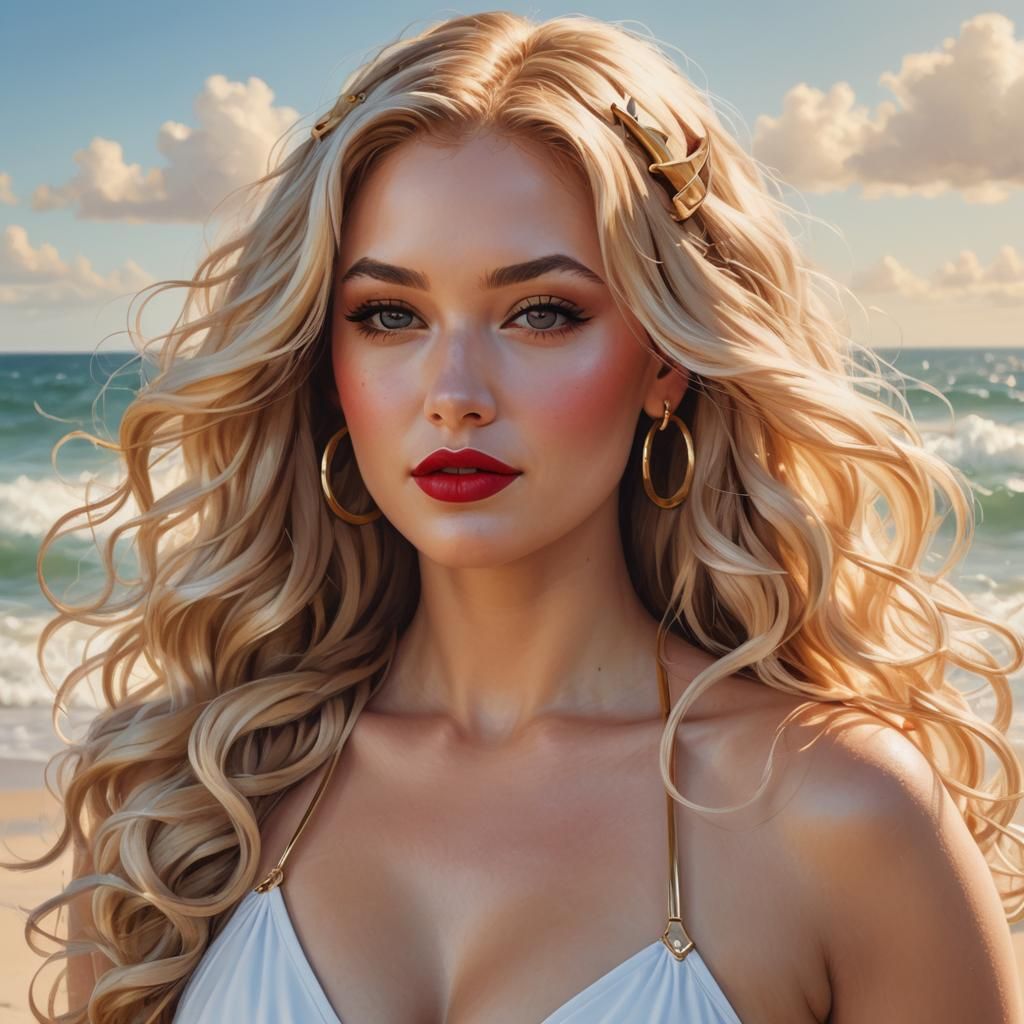 Flirty Princess on the Beach: Hyperdetailed Portrait