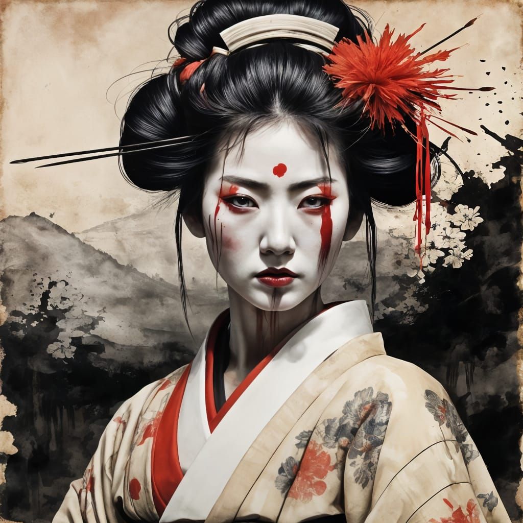 Sumi-e Geisha Samurai Portrait in Dynamic Battle Scene