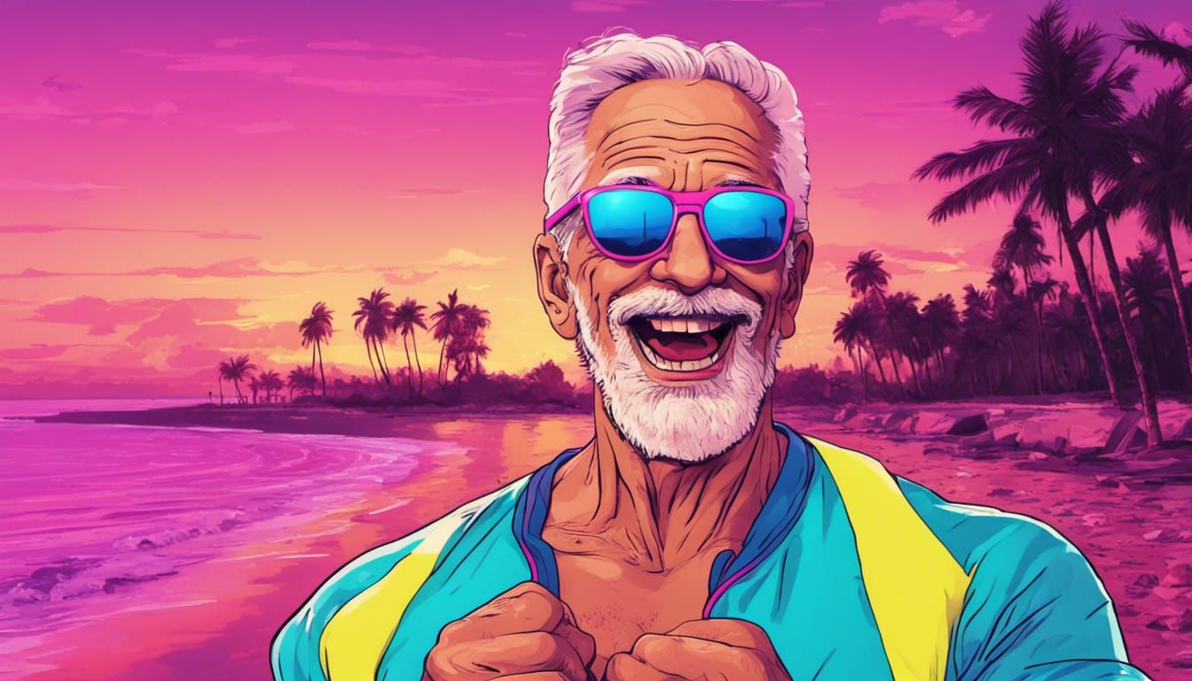 Miami Grandpa with Boombox in Synthwave Style