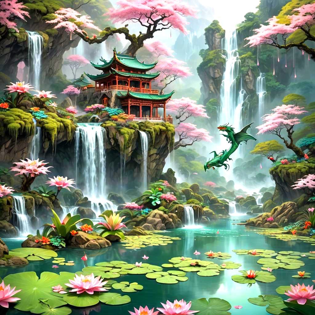 Fantasy Dragon Cave with Waterfall and Cherry Forest