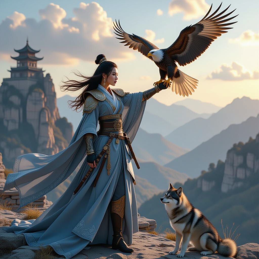 Fierce Princess and Golden Eagle, Photorealistic Portrait