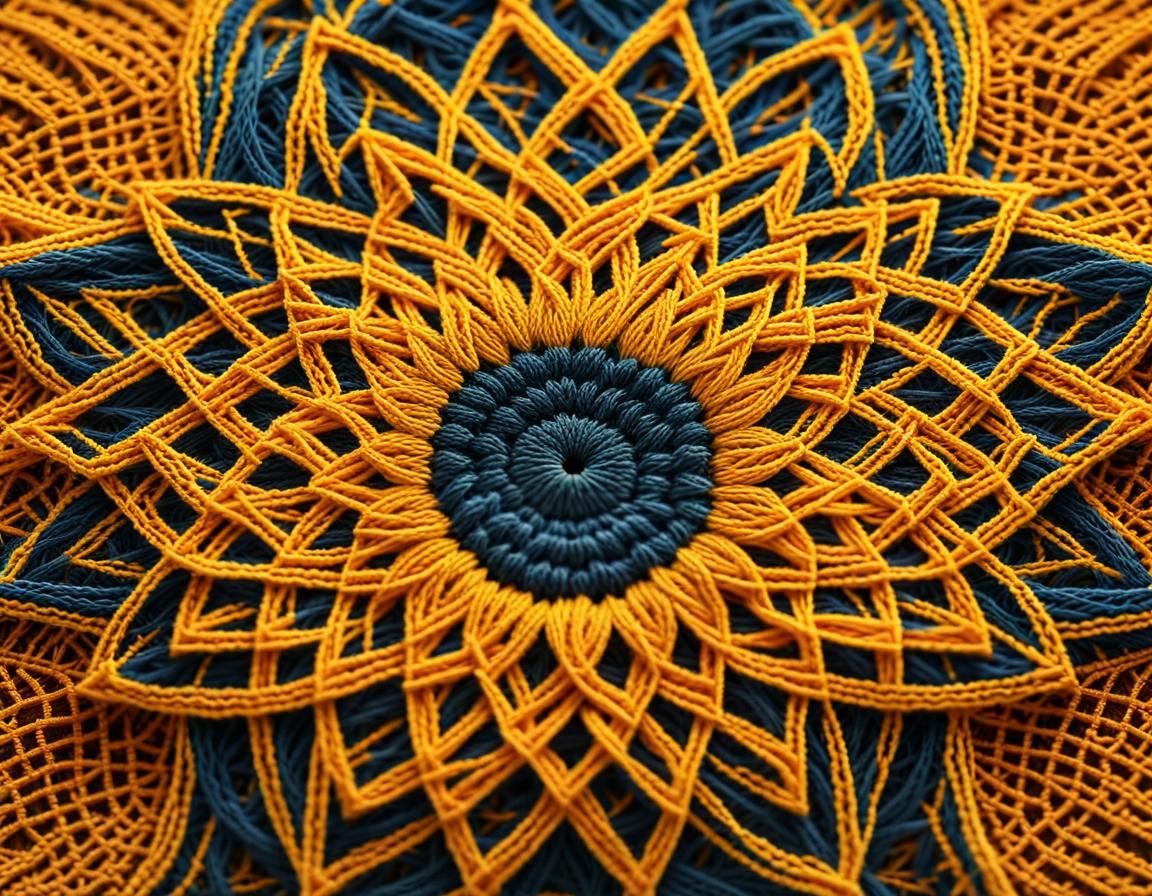 A string art mandala in the shape of a sunflower, with yello...