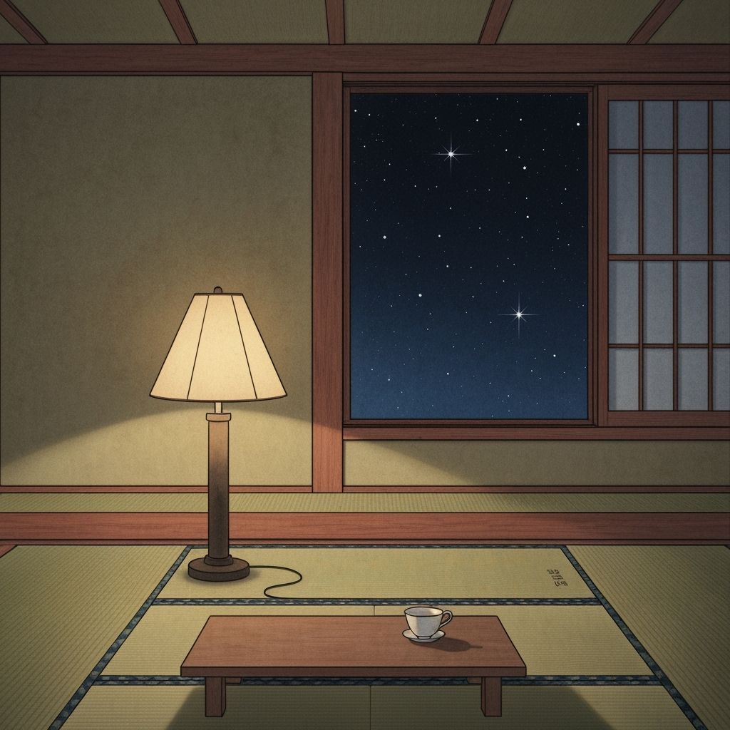 Minimalist Ink Art Room Interior with Starlight and Teacup