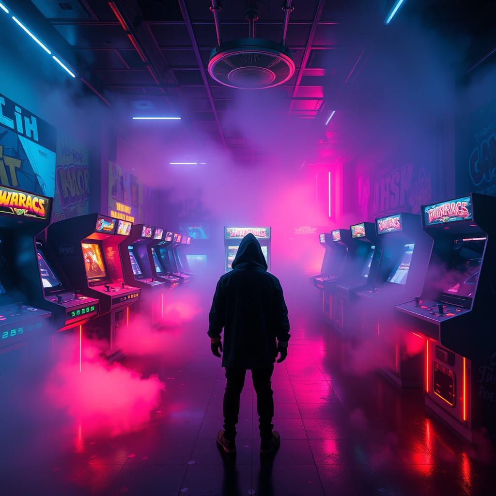 Glowing Arcade Room in Neon Hues with Retro-Futuristic Machi...