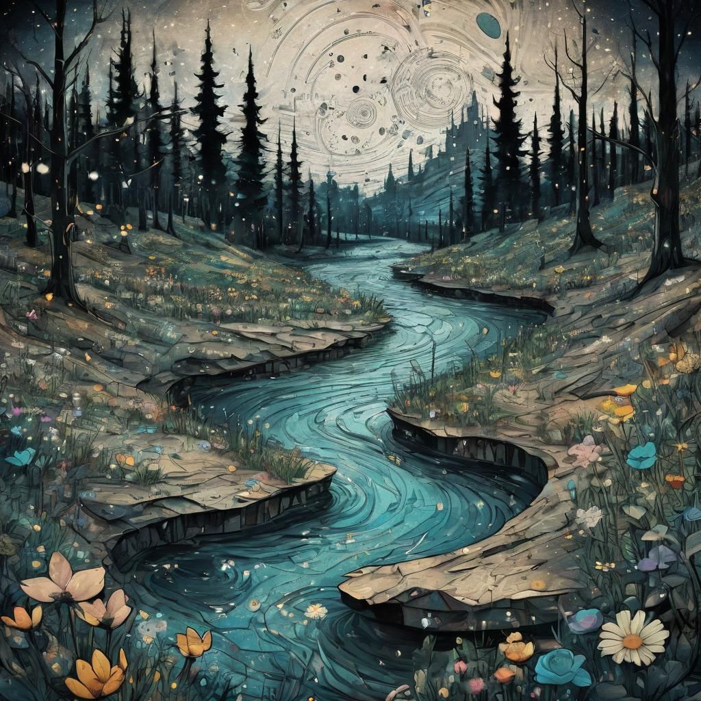 Abstract Cubist Cityscape with Starry Sky