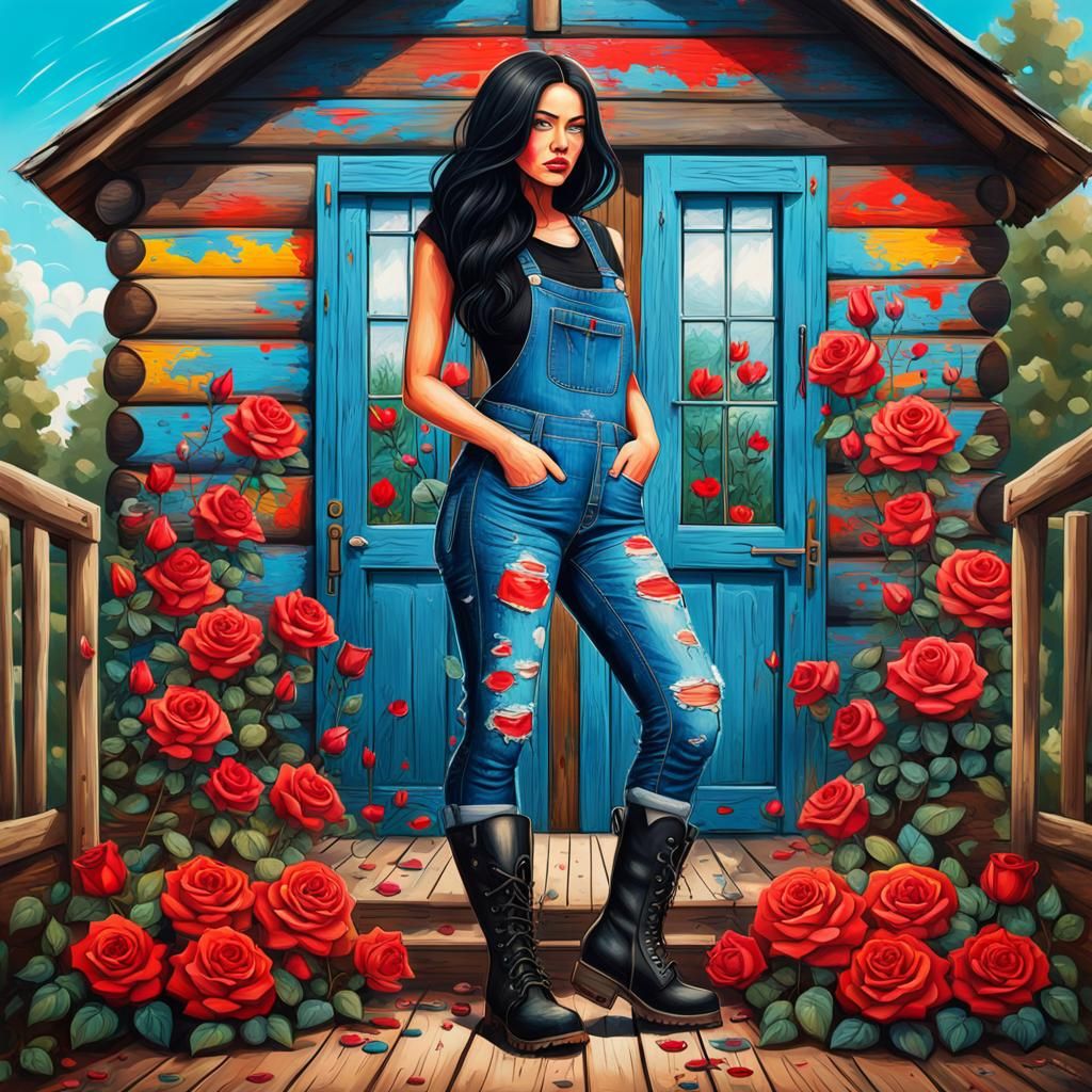 Woman in Overalls at Rose-Covered Cabin, Graffiti Art