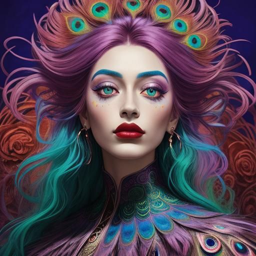 Magical Abstract Portrait with Peacock Feathers