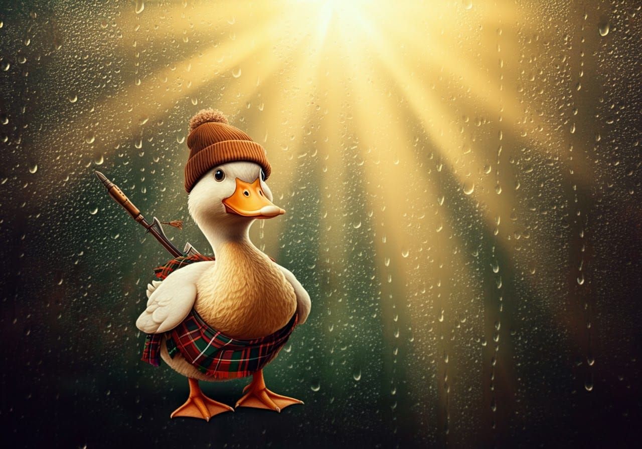 Anthropomorphic Duck in Kilt with Sunrays in Acrylic