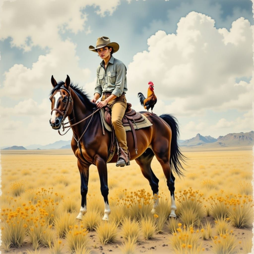 Cowboy and Horse Ride Across Open Range in Watercolor Style