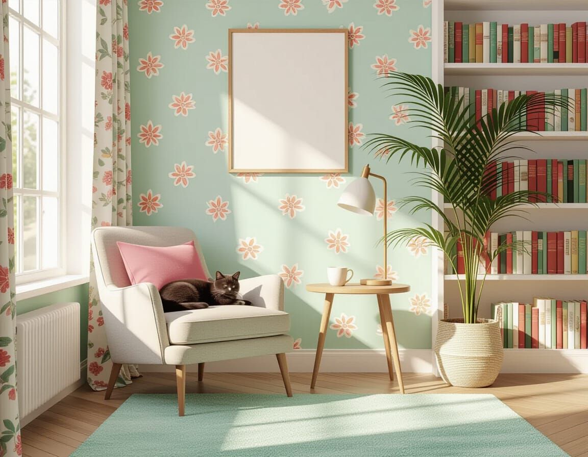 Cozy Reading Nook with Sleeping Cat as Oil Painting