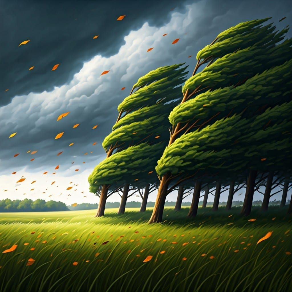 Fierce Storm with Swirling Leaves and Bent Trees