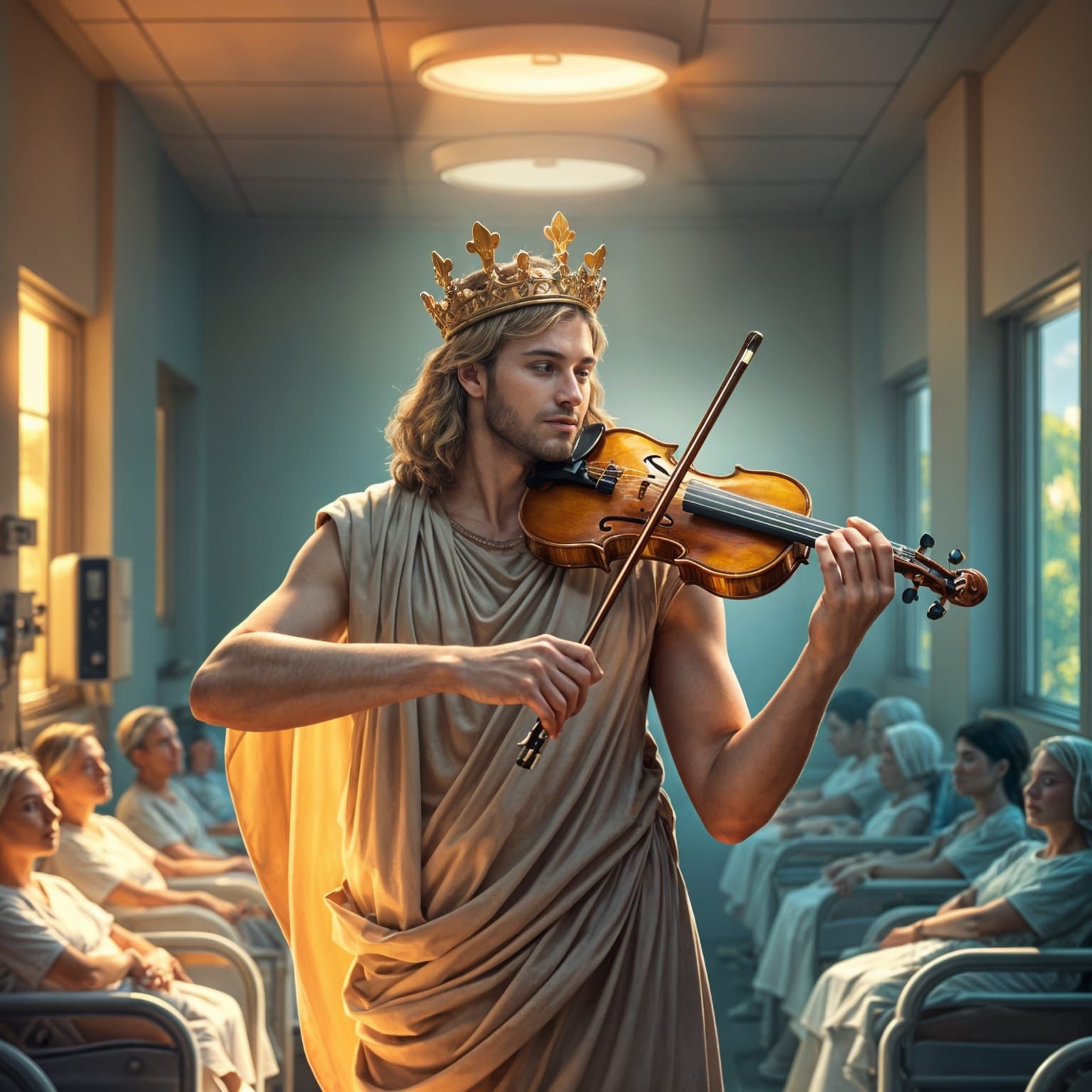 Apollo Plays Violin in Hospital: Photorealistic Portrait
