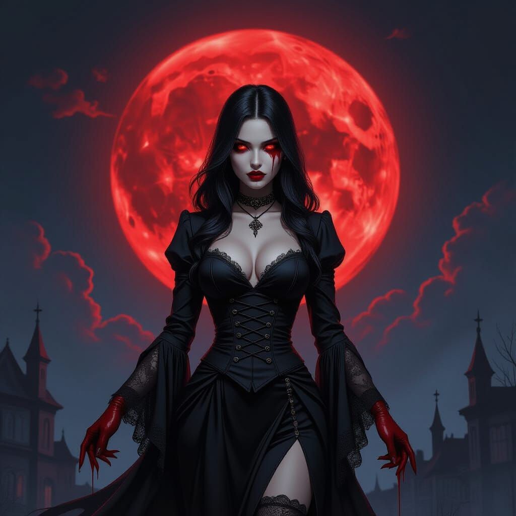 Gothic Vampire Before a Red Moon: Horror Oil Painting
