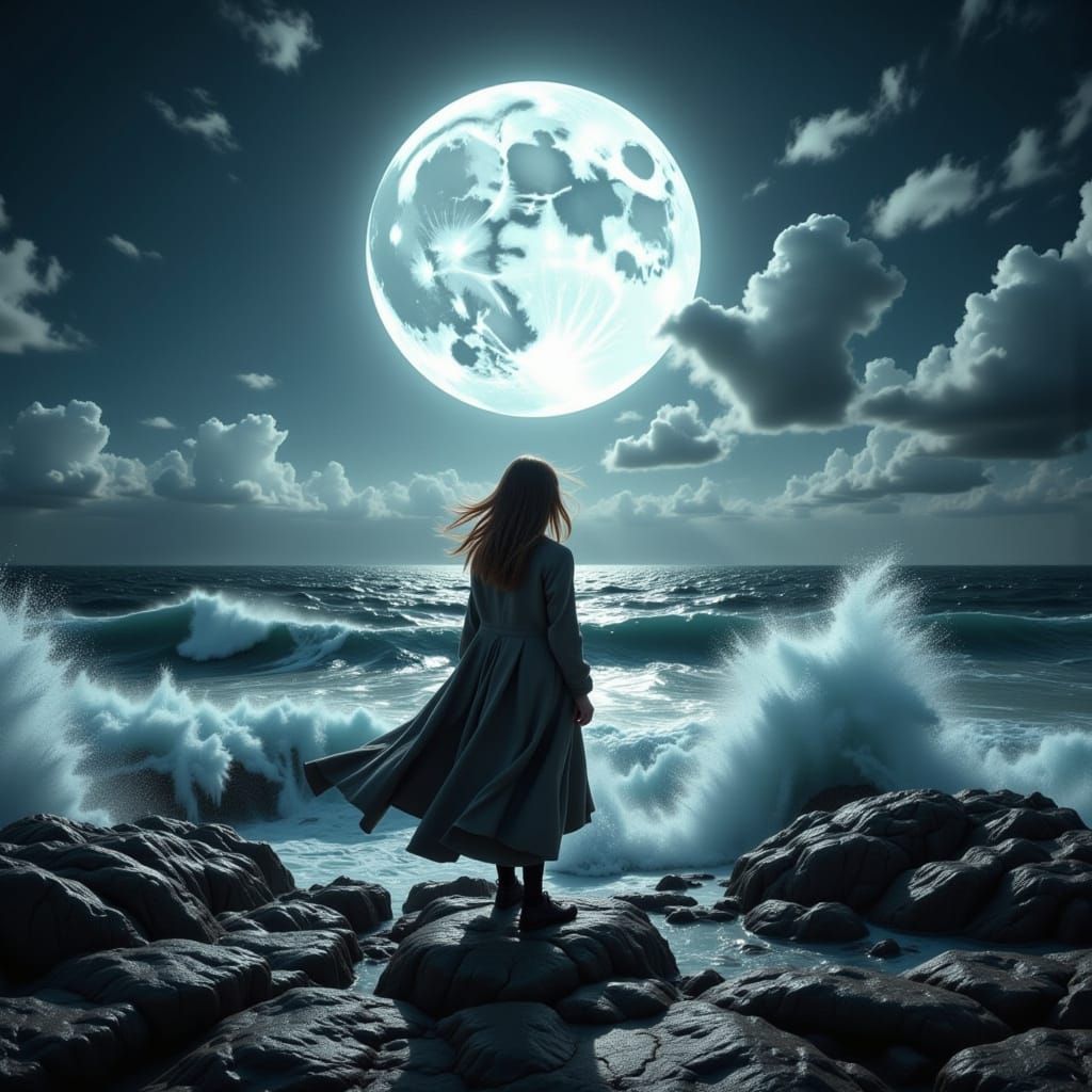 Ethereal Moonlit Figure on Rocky Shore