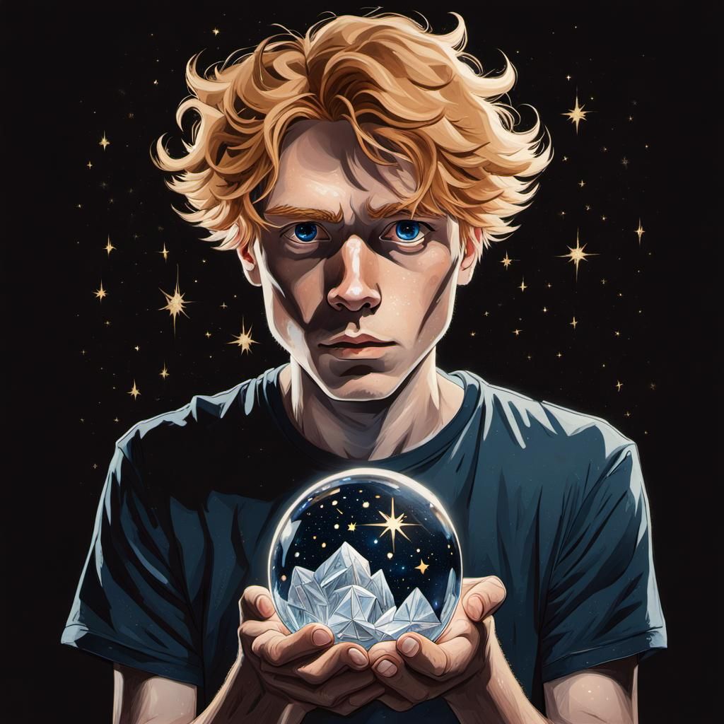 Young Man Gazing into Future Reflected in Crystal Ball