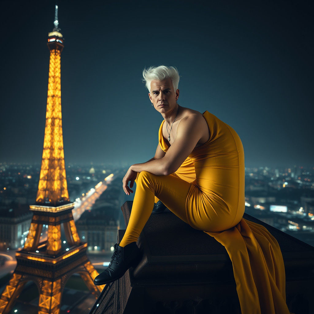 Eiffel Tower Midnight: Angry Man in Yellow Gown