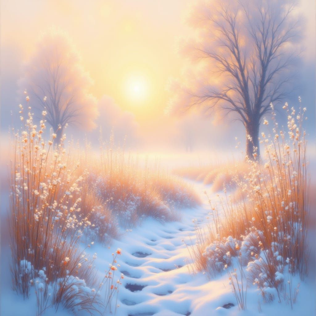 Winter Sunrise Over Snowy Meadow in Impressionist Style