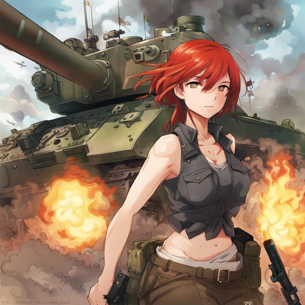 Red-Haired Girl in Tank: Anime-Inspired Combat Scene