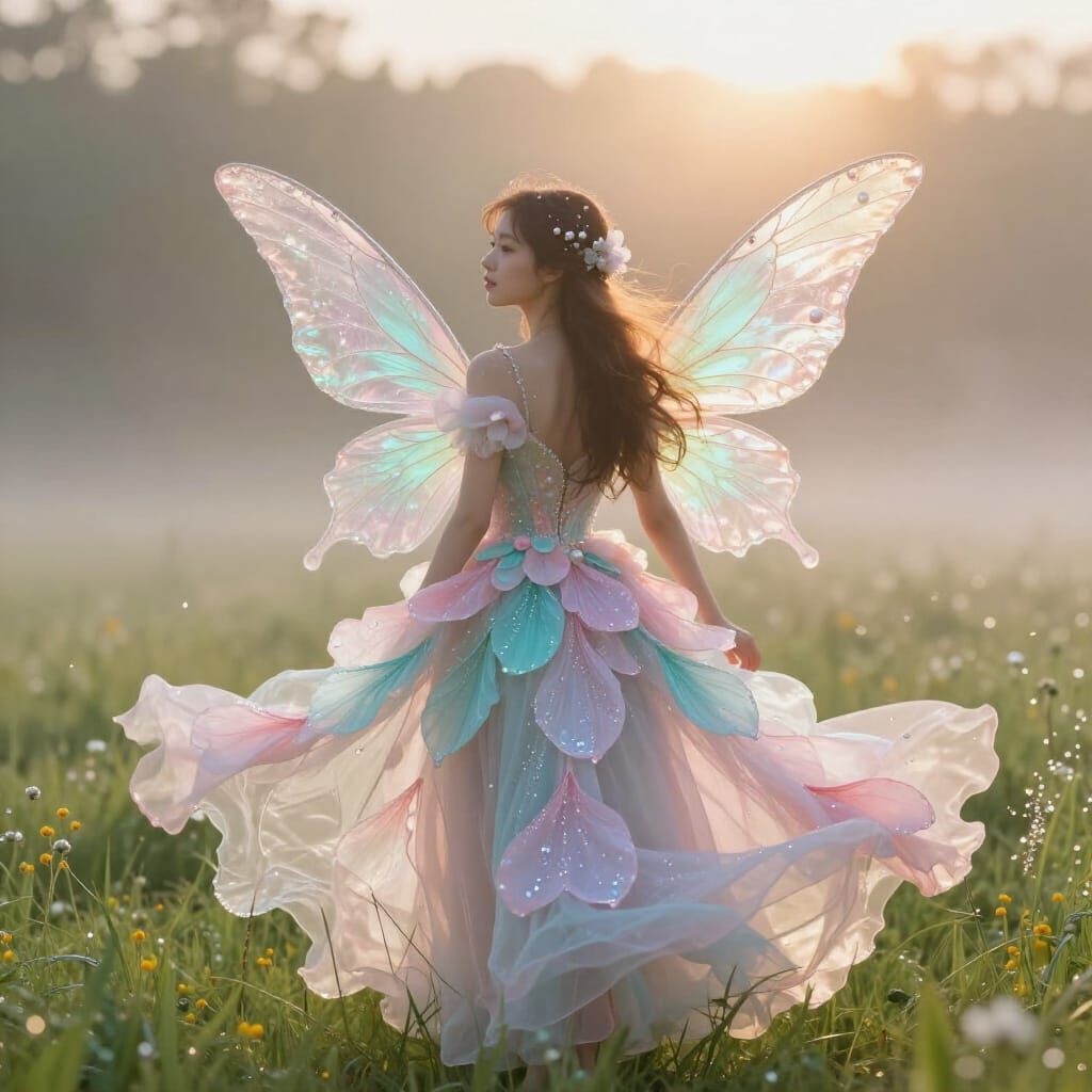 Radiant Fairy in Dew-Kissed Meadow at Dawn