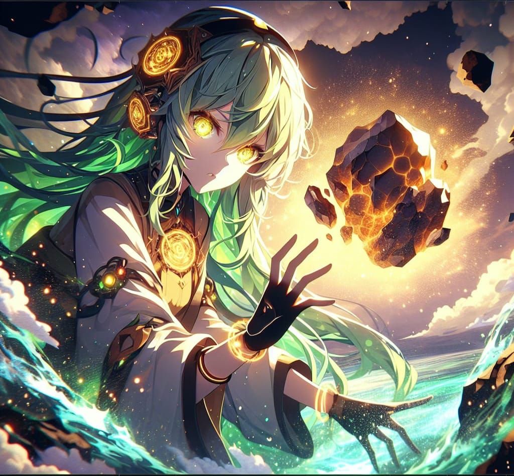 Anime Elementalist Commanding Geology with Luminous Tattoos